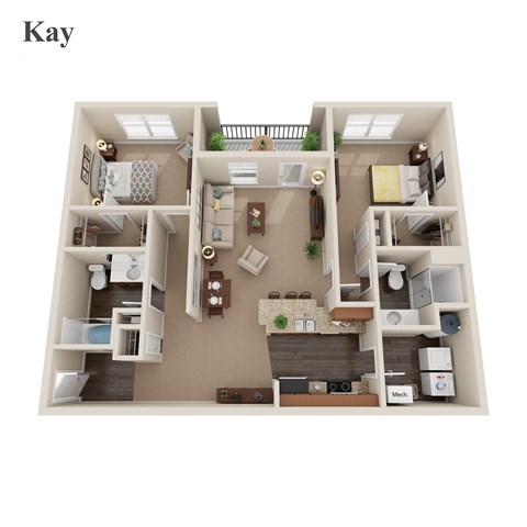 Floor plan for 2 beds, 2 baths, 1128 sqft